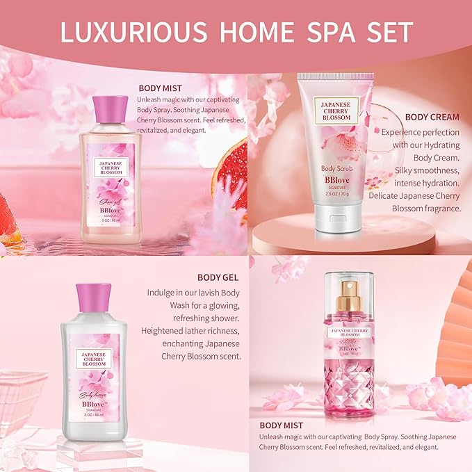 Bath and Body Gift Set for Women & Girls, Japanese Cherry Blossom, 4PCS Set for-Shower Gel, Body Lotion, Body Mist, Exfoliating Scrub, Body Care Travel Set for Birthday Mother's Day Gifts