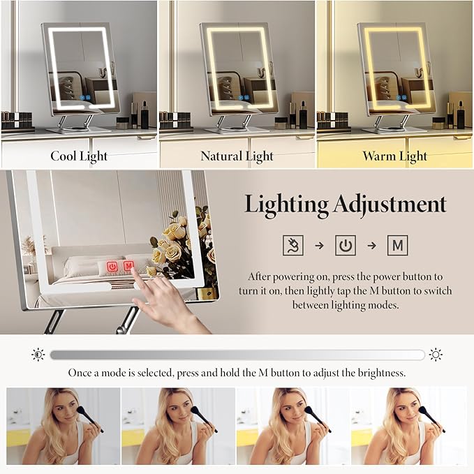Makeup Mirror with Lights and 5X Magnification, 360°Rotation Lighted Makeup Mirror, Free Adjustable Angle and Height, Mirror with Lighting with Smart Touch for Bedroom Tabletop, Gift for Women