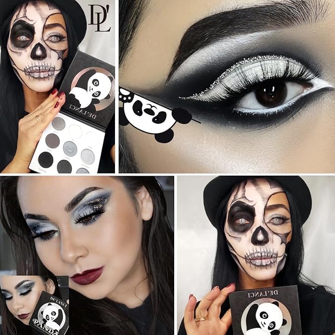 Afflano DL Gray Eyeshadow Palette Grey Black White Silver, Blendable Smokey Eye Eyeshadow for SFX Skull Goth Look Halloween Makeup Palette, Long Lasting Dark Eye Shadow Pallet - Panda