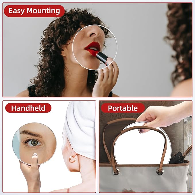 10X Magnifying Mirror with 3 Suction Cups - 6'' Stick on Makeup Mirror with 10X Magnification, Magnified Makeup Mirror Portable Handheld Cosmetic Mirror and Tweezers Set for Travel, Makeup, Bathroom
