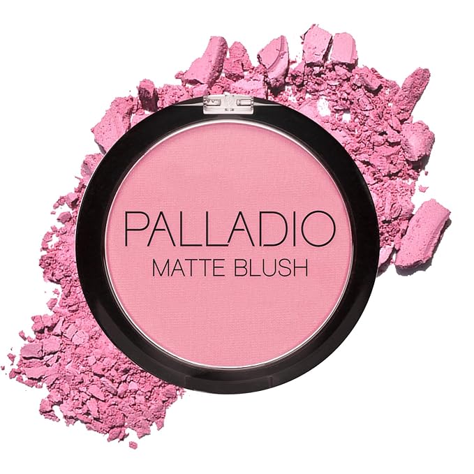Palladio Matte Blush, Brushes onto Cheeks Smoothly, Soft Matte Look and Even Finish, Flawless Velvety Coverage, Effortless Blending Makeup, Flatters the Face, Convenient Compact, Berry Pink