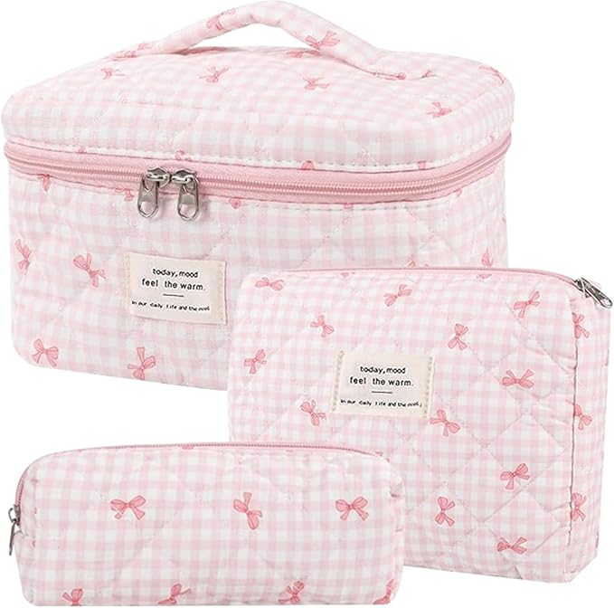 3 Pcs Quilted Makeup Bag Set, Bow, Coquette, Floral Make Up Bag - Large Toiletry Cosmetic Bags Organizer for Women & Girls (K-3PCS)