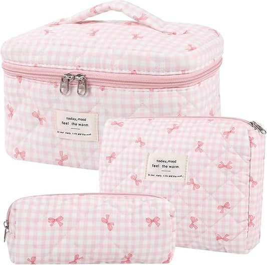 3 Pcs Quilted Makeup Bag Set, Bow, Coquette, Floral Make Up Bag - Large Toiletry Cosmetic Bags Organizer for Women & Girls (K-3PCS)