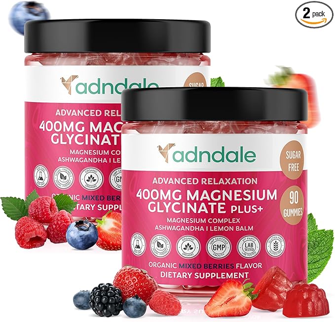 Adndale 180 CT Magnesium Glycinate Gummies 400 mg/Serv, with Ashwagandha, Magnesium Malate & Taurate, Sugar Free Chews for Adults & Kids Relaxation, Stress Relief, Night Rest, Muscle & Cardio Support