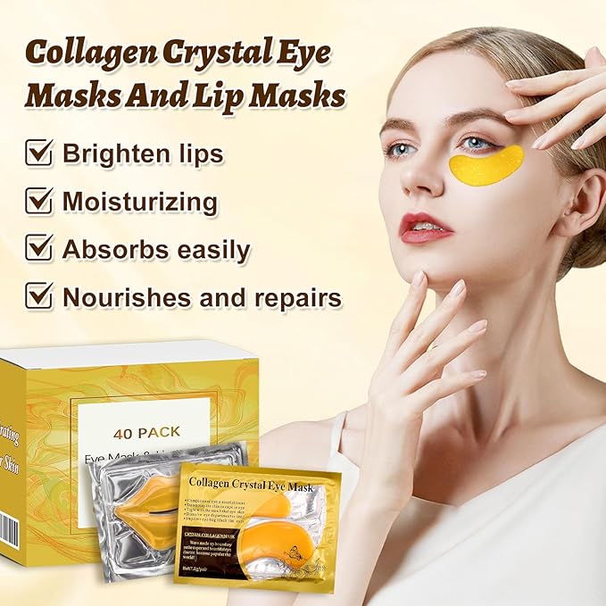 40 Pcs Lip and Eye Mask Set,Collagen Lip Mask Sheet and Under Eye Patches,Gold Lips Masks Skincare,Gold Gel Crystal Collagen Eye Patches,Moisturizing Reducing Fine Lines & Dark Circle