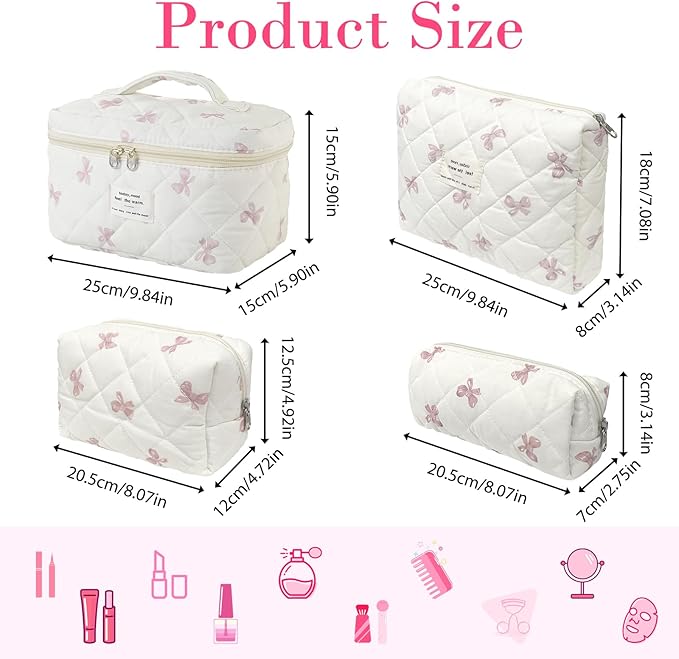 4 Piece Cute Pink Bow Quilted Makeup Bag Set, Large Capacity Travel Makeup Bags for Women and Girls, Includes Small, Small-Medium，Medium, and Large aesthetic makeup&Cosmetic Bags (4PCS-Pink Bow)