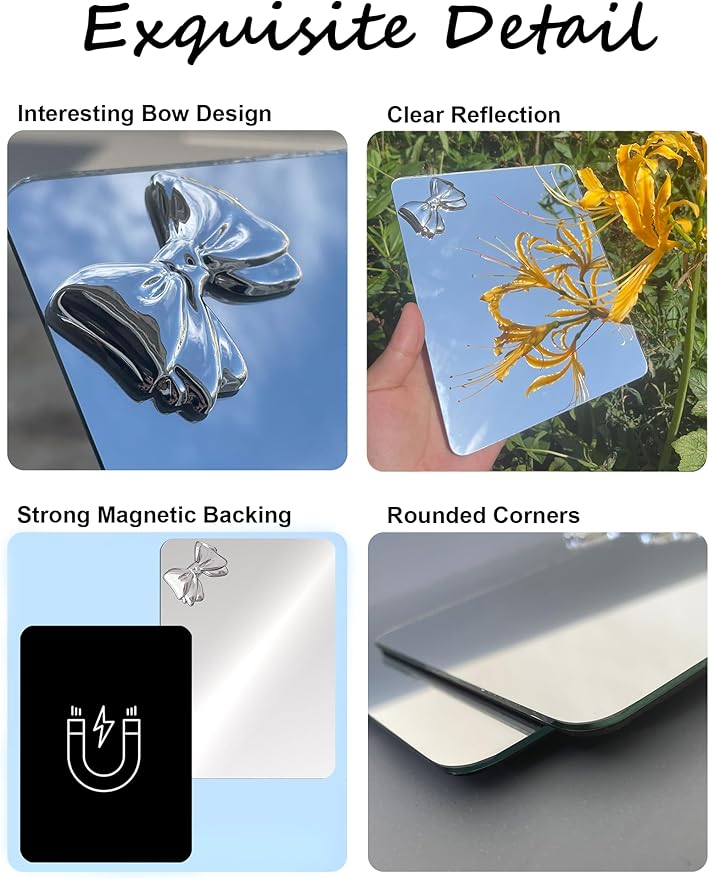 Magnetic Locker Mirror 6"x7" Real Glass Frameless Mirror with Magnetic Backing for School Locker, Bow School Locker Makeup Mirror for Girls Bathroom Refrigerator Dorm Gym Office Cabinet Home