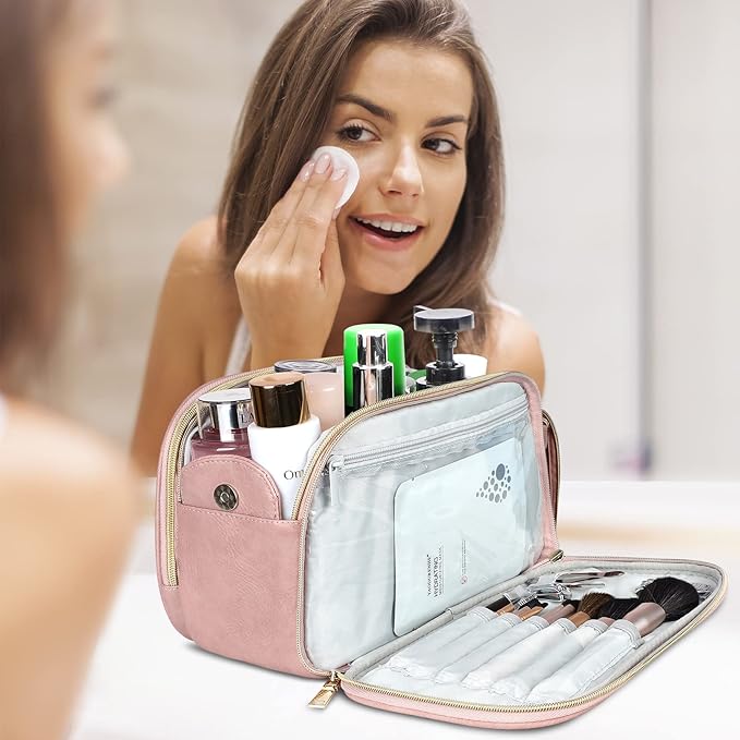 BOOMRICH Large Travel Makeup Bag, Cosmetic Bag, Toiletry Bag for Women, Water-Resistant Leather Toiletry Organizer, Dopp Kit for Toiletries Accessories, Pink