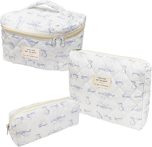 3 Piece Blue Quilted Makeup Bag, Large Capacity Travel Cosmetic Bag for Women and Girls, Aesthetic Storage for Daily and Travel Use (3pcs-BlueCatAnimal)