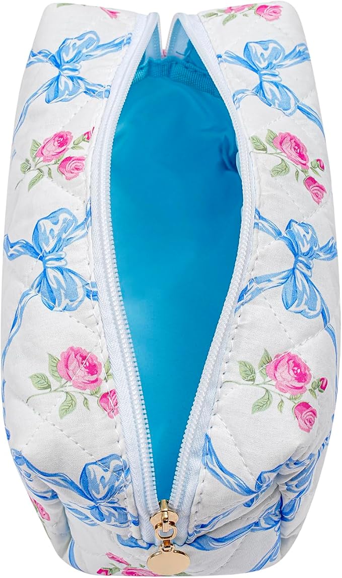 Cute Floral Cotton Makeup Bag, Quilted Makeup Bag for Women Girls, Travel Floral Cosmetic Bag Zipper Make Up Pouch, Flowers Toiletry Organizer Bag (Big Blue Bowknot)