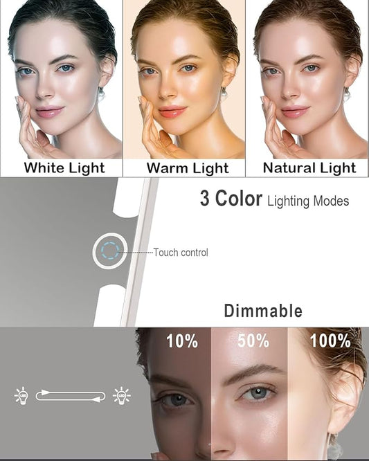 Rechargeable Travel Makeup Mirror with Lights, Portable Lighted Vanity 10X Magnification, 70 LEDs 3 Color Dimmable Touch Screen, Tabletop Folding Compact Cosmetic