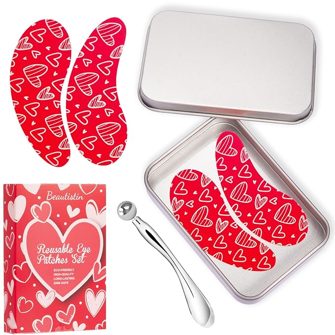 2 Pairs Reusable Under Eye Wrinkle Patches Silicone Mask, Plump Fine Lines & Wrinkles, with Metal Eye Cream Applicator, Tin Case, Valentine's Day Red