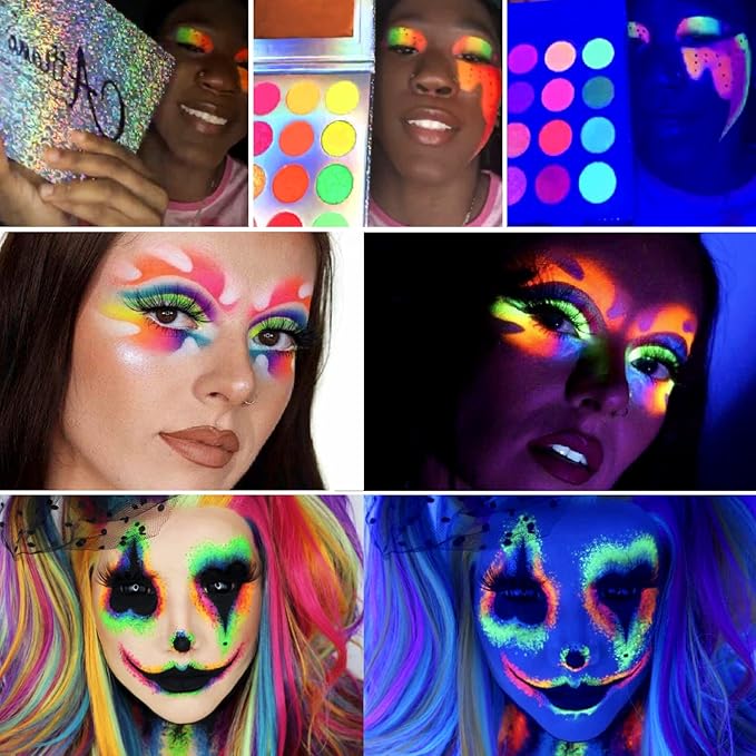 Afflano Neon Makeup Palette - Glow in the Dark Eyeshadow, Highly Pigmented, UV Blacklight Eye Shadow Palette with Red, Orange, Pink Pressed Glitter Eyeshadows