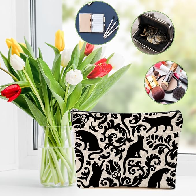Botanical Cat Makeup Bag Cat Gifts Cosmetic Bag Cat Lover Gifts for Women Girls Friends Niece Cat Themed Gifts Cat Stuff Travel Organizer Zipper Pouch Graduation Birthday Friendship Gifts