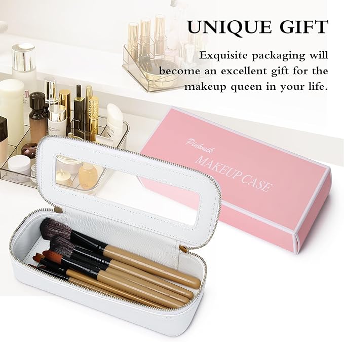 Makeup Brush Case Clear Travel Cosmetic & Toiletry Bag Small Makeup Bag with Zipper Purse Organizer Car Essential Bag for Women (White, SLIM)