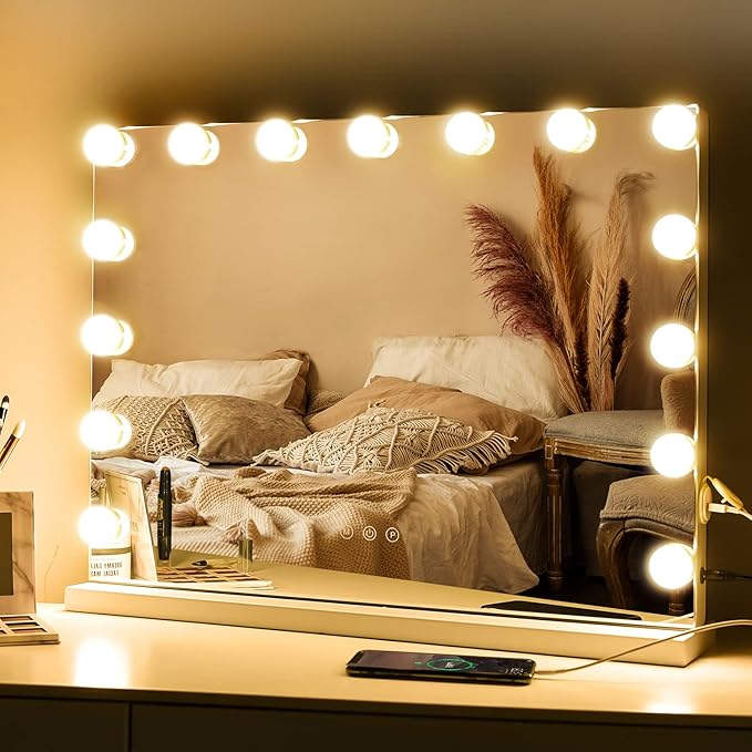 M MIVONDA Vanity Makeup Mirror with Lights: Hollywood Mirror with 15LED Bulbs - Large 23”x19” Desk Mirror for Wall, Dimmable 3 Lighting Modes, Plug-in and USB Charger Port, White