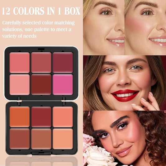12 Colors Cream [Blush] Makeup Palette for Cheeks - All in One Blush Makeup Palette Kit with Brush, Natural Matte Long Wearing, Waterproof Blendable Face Make Up Pallete (#01)