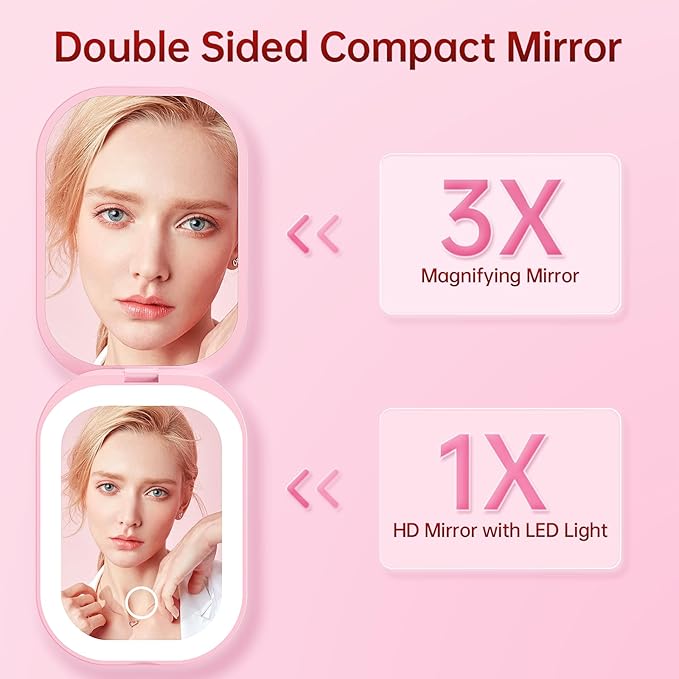 Benbilry Ultra Slim Pocket Mirror with Light, 1X/3X Magnifying LED Compact Travel Mirror with 3-Colored Dimming Lights for Purse, 2-Sided, Handheld, Folding, Portable, Light Pink