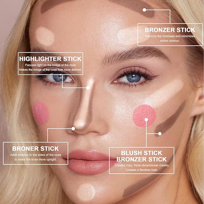 3 Colors Cream Contour Stick, Shades with Highlighter Stick,Blush Stick and Bronzer Contour Stick for Sculpt the Cheeks,Long Lasting,Waterproof,Matte & Dewy Finish for Women (LIGHT MEDIUM(2+5+6))