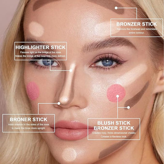 3 Colors Cream Contour Stick, Shades with Highlighter Stick,Blush Stick and Bronzer Contour Stick for Sculpt the Cheeks,Long Lasting,Waterproof,Matte & Dewy Finish for Women (LIGHT MEDIUM(2+5+6))