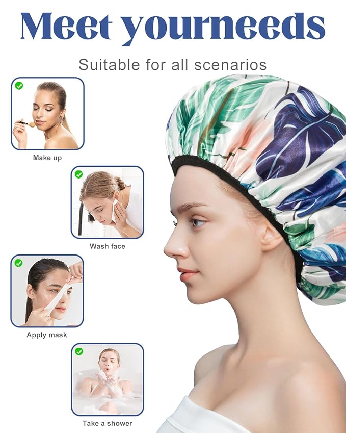 Auban Shower Cap, Terry Lined Shower Caps, 3 Layer Large Shower Cap, Terry Cloth Reusable Shower Caps for Long Thick Hair, Waterproof Hair Cap