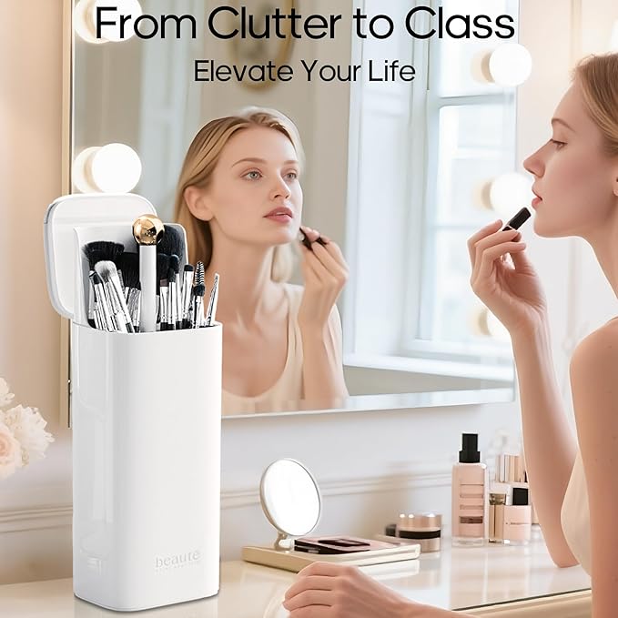 Makeup Brush Holder with Lid,One Touch Open 4 Slot Makeup Brush Case with Waterproof Dustproof,Brushes Storage Holder for Vanity, Dresser, Desk (White)