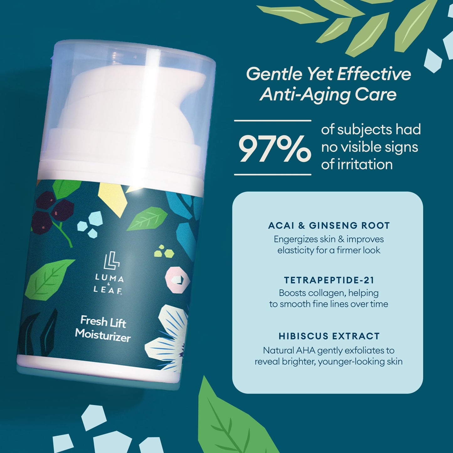 LUMA & LEAF Fresh Lift Peptide Moisturizer | Daily Anti-Aging Face Cream with Hyaluronic Acid & Hibiscus for Firming & Glow | Lightweight Facial Moisturizer for Fine Lines & Wrinkles | 1.7 fl oz
