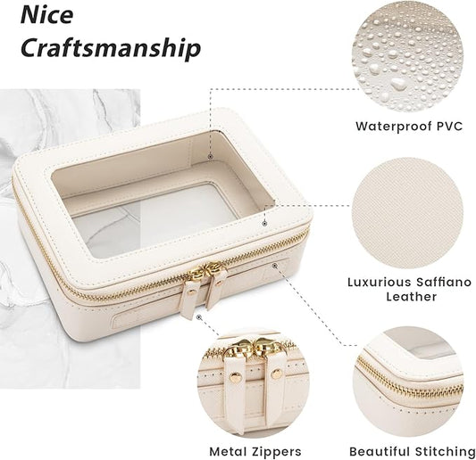 Aveniee Large Clear Makeup Bag Cosmetic bags, Travel Toiletry Bag for Women, Clear Make up Bag Case, Chic Makeup Pouch with Transparent Vinyl Windows & Gold Zippers(White)