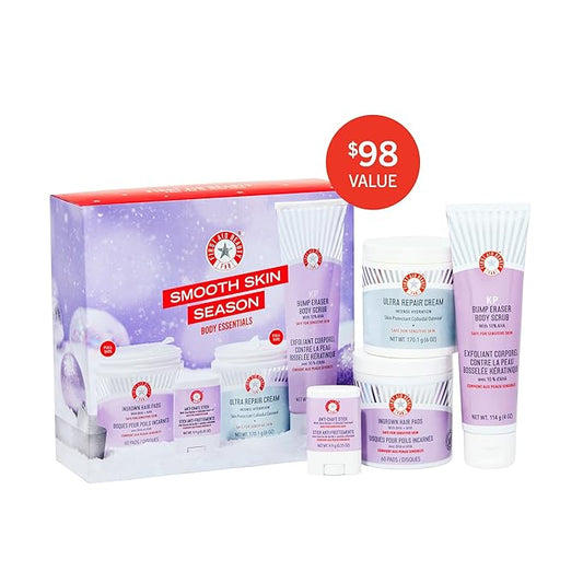 First Aid Beauty - Smooth Skin Season: KP Bump Eraser Body Scrub, 4oz, Ultra Repair Cream, 6oz, Anti-Chafe Stick, 0.35oz, Ingrown Hair Pads, 60 Pads, Deep Hydration & Exfoliating Body Essentials, 4ct
