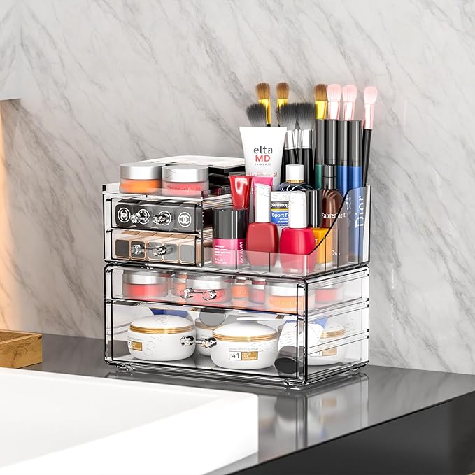 2 Pack Clear Cosmetic Organizer Countertop,Stackable 8 Drawer Acrylic Makeup Organizer and Skincare Organizer,Cosmetic Storage Organizer for Skin Care,Beauty Product,Perfume Organizers for Vanity