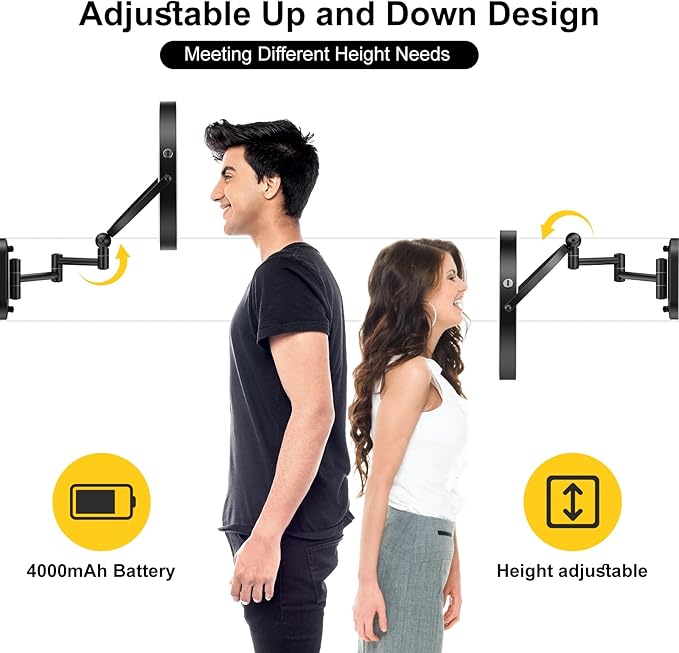 9" Wall Mounted Lighted Makeup Mirror,4000mAh Rechargeable Double Sided 1X/10X Magnifying Mirror with Light,3 Color Lights,Touch Dimmable,Extended Arm 360 Rotation Wall Mounted Makeup Mirror