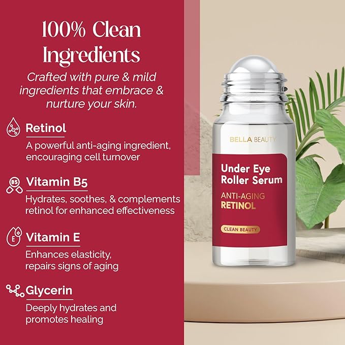 Bella Beauty Eye Roller Serum with Retinol & Vitamin B5 - Reduces Dark Circles, Puffiness & Fine Lines - Anti-Aging, Dermatologist Tested, Korean Skin Care for All Skin Types - 1.69 Fl. Oz