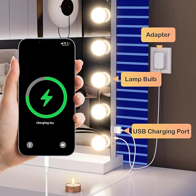 22.8 x 18.2 Vanity Makeup Mirror with Lights, 10X Magnification,Large Hollywood Lighted Vanity Mirror with 15 Dimmable LED Bulbs, USB Charger Port, Tabletop or Wall-Mounted White