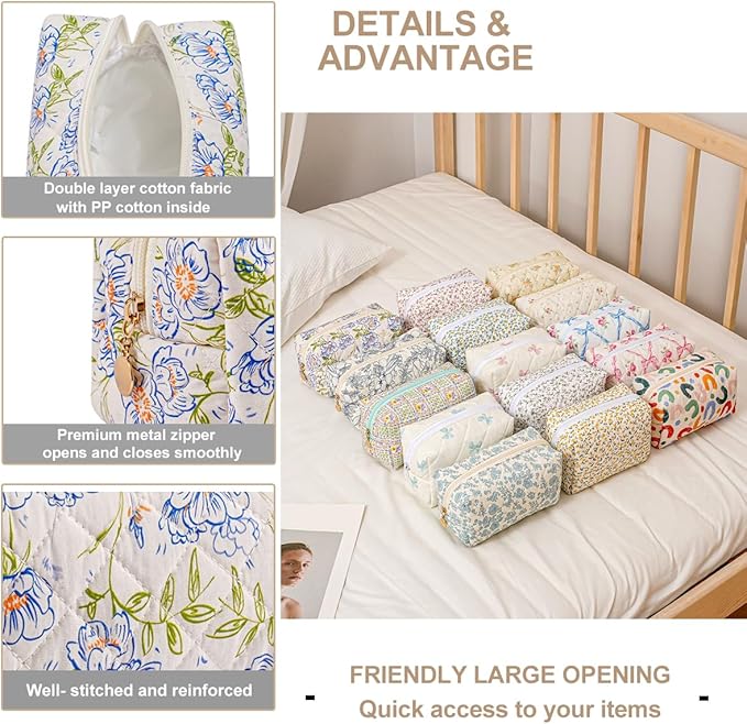 Gleyemor Small Quilted Makeup Bag for Women, Cute Floral Bow Cosmetic Bag, Emergency Bag Travel Toiletry Cotton Pouch Gifts for Girls Her Mom Friend Sister Bridesmaid (Green-Blue)