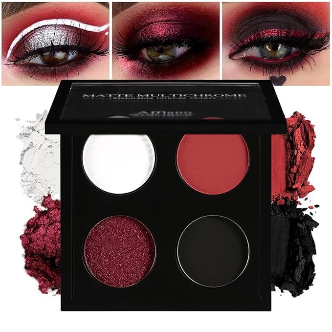 Afflano Gothic Red Makeup Eyeshadow Palette, Matte White Black Red Eye shadow, Ultra-Pigmented Chrome Red Glitter Eyeshadow, Intense Metallic Smokey Black Red Eyeshadow Palette Halloween Goth Makeup