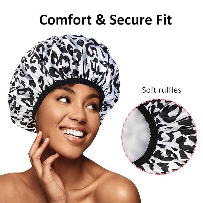 2-Pack Reusable Waterproof Shower Caps for Women, Double-Layer Elastic Bath hat,Extra Large Hair Cap for Long Curly Hair（White, Pink）