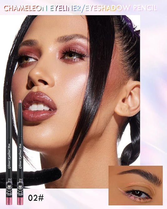 Colored Glitter Eyeliner Pencil, Chameleon Matte Metallic Eyeliner Pen Eyeshadow, Pink Shimmer Retractable Eyeliner Waterproof Smudge-proof, Highlighter Gel Eye Liner with Sharpener Gift for Women-02