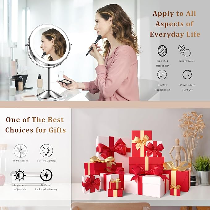 9in Makeup Mirror with Lights, 3x/20x 5000mAh Rechargeable Lighted Makeup Mirror with Magnification, 360° Rotate Magnifying Mirror,3 Color,Dimmable up,3800lux,80 LEDs,No Height Adjustment,Silvery
