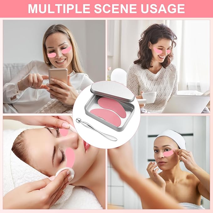 1 Pair Reusable Eye Patch, Silicone Reusable Eye Gel Pads Eye Wrinkle Patches Under Eye Mask, Plump Fine Lines & Wrinkles with Metal Eye Cream Applicator & Tin Case (Pink)