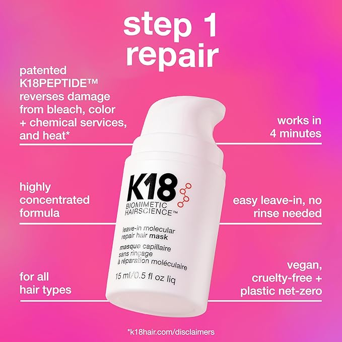 K18 Molecular Repair Minis Kit, Leave-In Molecular Hair Mask + Lightweight Repair Oil, Repairing Hair Duo to Strengthen + Smooth Frizz, Suitable for All Hair Types, Travel Size Kit