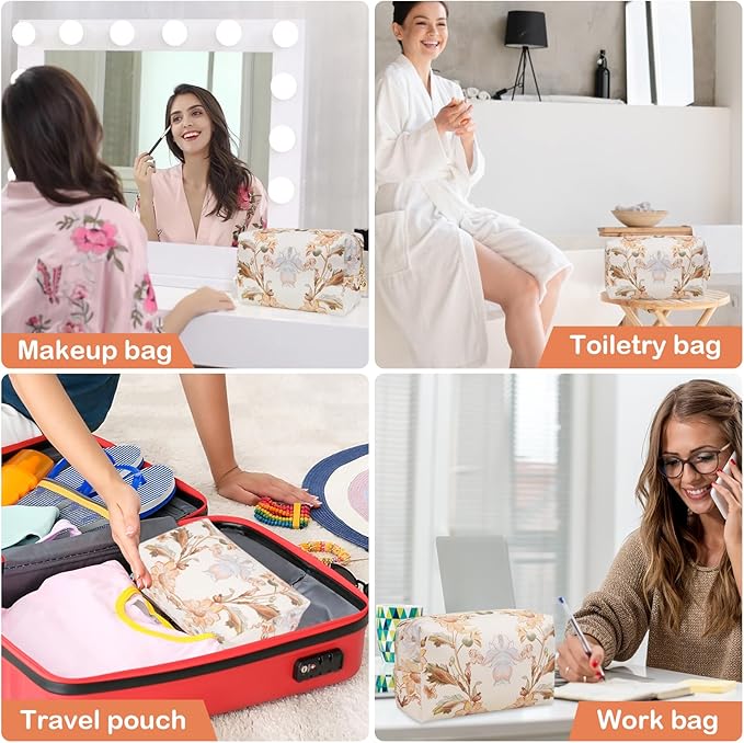 Makeup Bags for Women, Small Leather Cosmetic Bag for Purse, Floral Waterproof Make up Pouch Organizer, Zipper Portable Storage Travel Toiletry Bag Gifts(Apricot Flower)