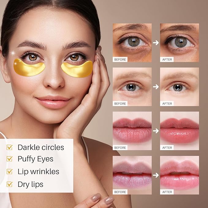 40 Pairs 24K Gold Eye Masks & Lip Masks, Crystal Collagen Under Eye Patches for Puffy Eye, Moisturizing Skin Care Lip Eyes Patches for Dark Circles, Wrinkles and Fine Lines (gold and pink)