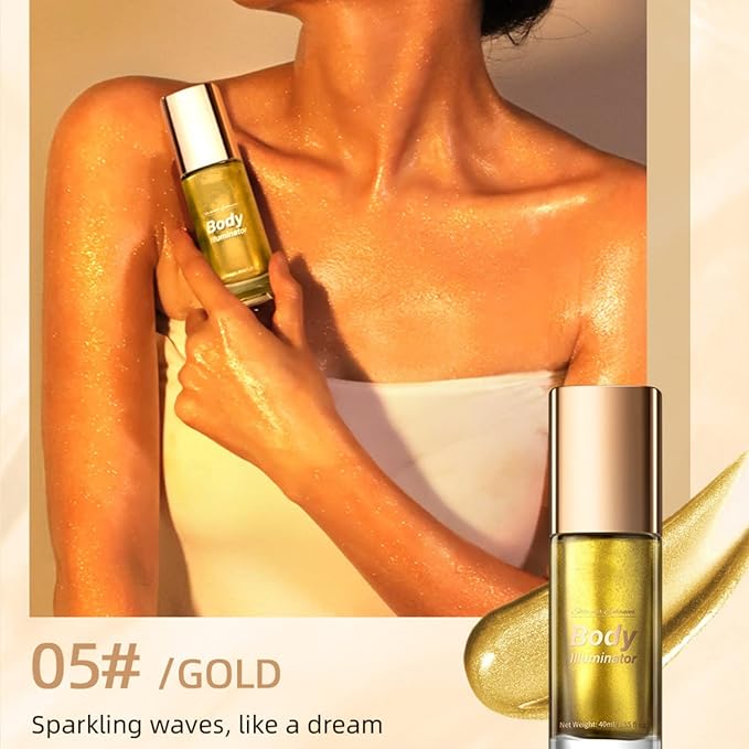MAEPEOR Body Luminizer 5 Colors Smooth Subtle Shimmer Illuminator Moisturizing Long Lasting Summer Glow for Face and Body (40ML, 05 Gold)