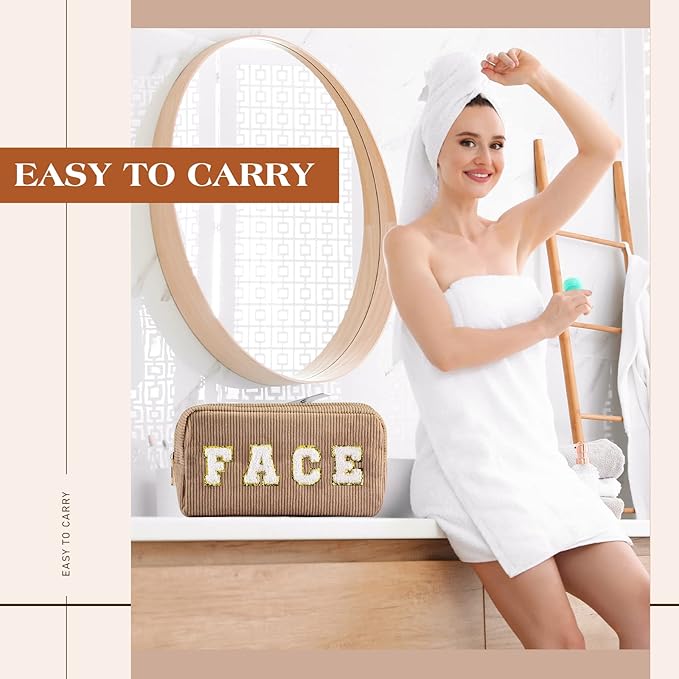 4 Pcs Preppy Patch Makeup Bag Corduroy Cosmetic Bag Makeup Accessories Skincare Pouch Chenille Letter Portable Zipper Face Pouch Cute Toiletry for Women Travel(Pink, Brown Series Color)