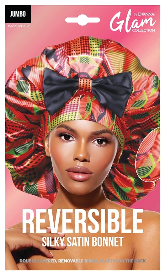 DONNA Jumbo Bow Ribbon Bonnet 1pc Satin Bonnet for Sleeping Removable Reversible Bow Ribbon for Women with Curly Hair, Crochet Hairstyles Silk Hair Accessories Shower Cap Ankara Pattern