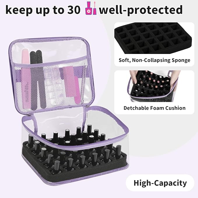 Beloving Nail Polish Organizer Bag Holds 30 Bottles (15ml/0.5 fl.oz) Portable Supplies Organizer Handbag for Manicure Tools, Portable Nail Supplies Kit Organizer Carrying Case (Purple)