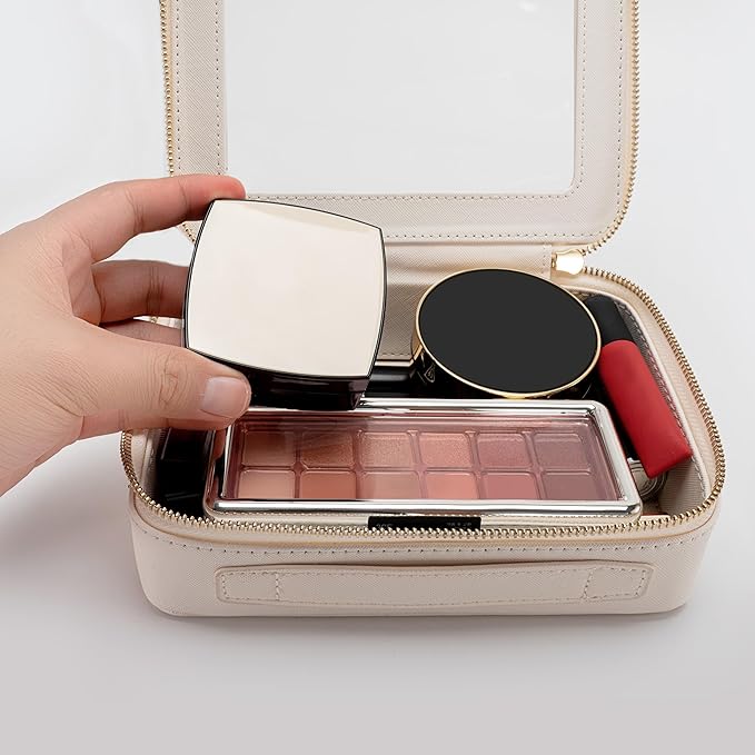 Aveniee Large Clear Makeup Bag Cosmetic bags, Travel Toiletry Bag for Women, Clear Make up Bag Case, Chic Makeup Pouch with Transparent Vinyl Windows & Gold Zippers(White)