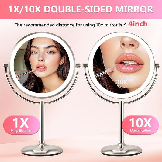 9 Inch Dual-Sided Magnifying Mirror with Lights - 1X/10X Brushed Nickel Makeup Mirror, Touch Control LED Vanity Mirror with Stand, Natural Light Tabletop Cosmetic Mirror for Bathroom