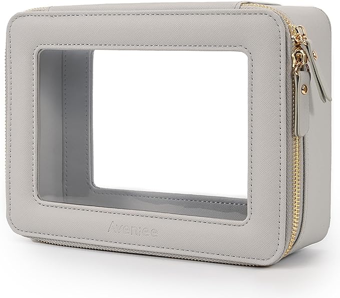 Aveniee Clear Makeup Bag for Women, Large Cosmetic Case Travel Toiletry Bag, Heavy Duty Makeup Organizer with Clear Windows & Gold Zippers(Grey)