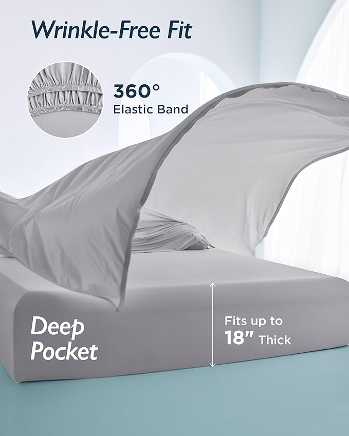 Breescape Cooling Sheet Set King Size - BlendTek™ Dry & Cool Technology for Hot Sleepers and Night Sweats, Q-Max>0.46 Tech, Deep Pocket Up to 18", 360° Elastic Band, Misty Gray